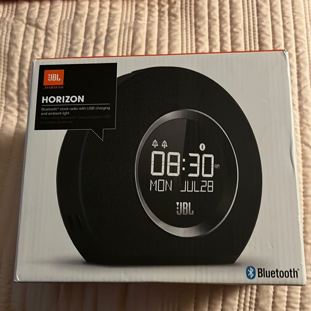 JBL horizon Bluetooth clock radio with USB charging ports and ambient light